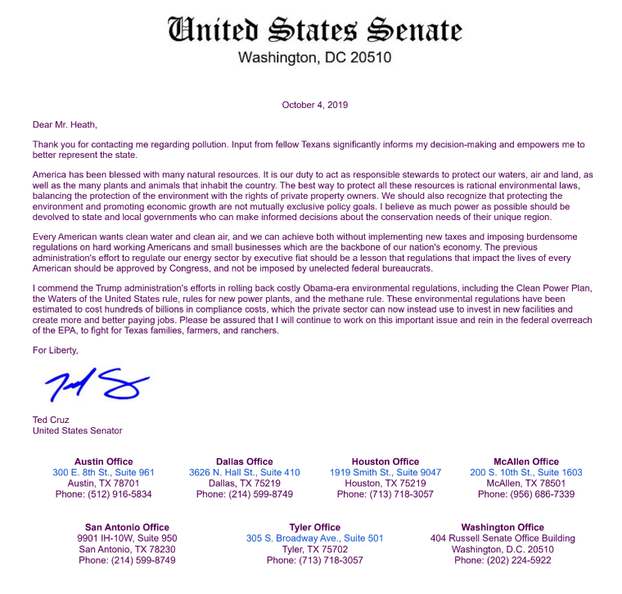 Letter from Senator Ted Cruz to Mr. Doug Heath Environment